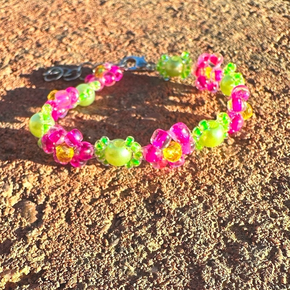Pink Flower Bracelet with Faux Green Pearls and Silver Colored Accents